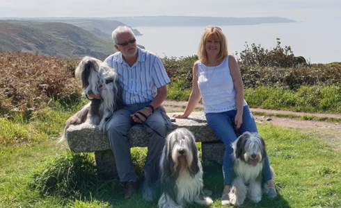 A couple sat on a bench overlooking a coastal path with their three dogs.
